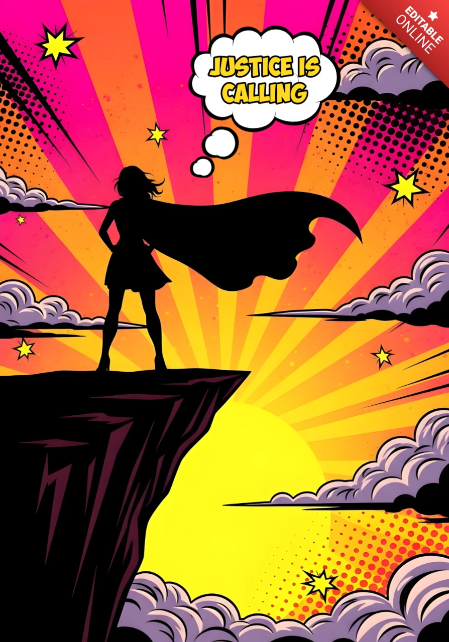 Gerechtigkeit ruft Superhelden-Silhouette mit lebhaftem Comic-Himmel und Denkblasen Plakatdesign-Vorlage