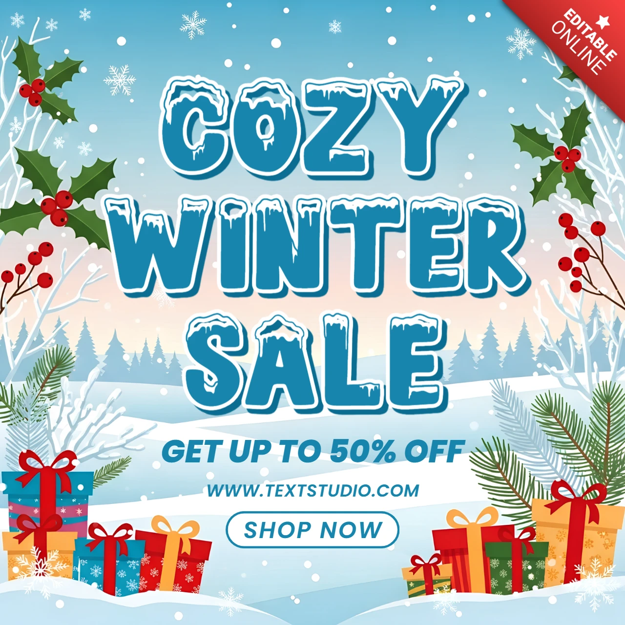 Cozy Winter Sale Design Template for Holiday Promotions with Gifts and Snowflakes