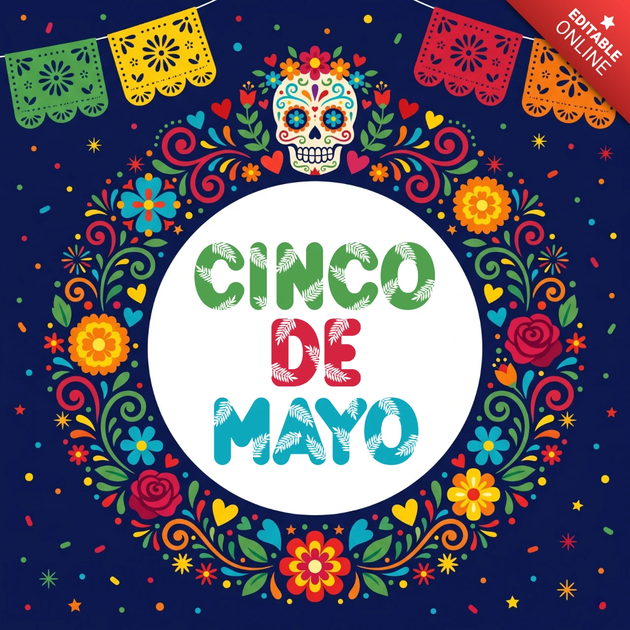 Template colorido de celebração do cinco de maio com design floral para pôsteres e produtos.