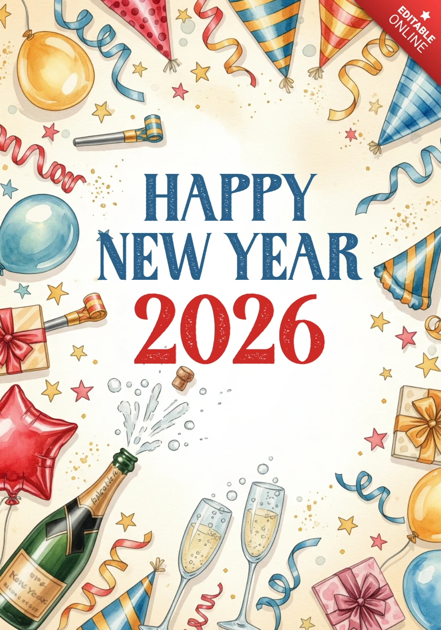 Modèle de vœux pour la nouvelle année, design festif 2026 avec des icônes de célébration et un style aquarelle vibrant.