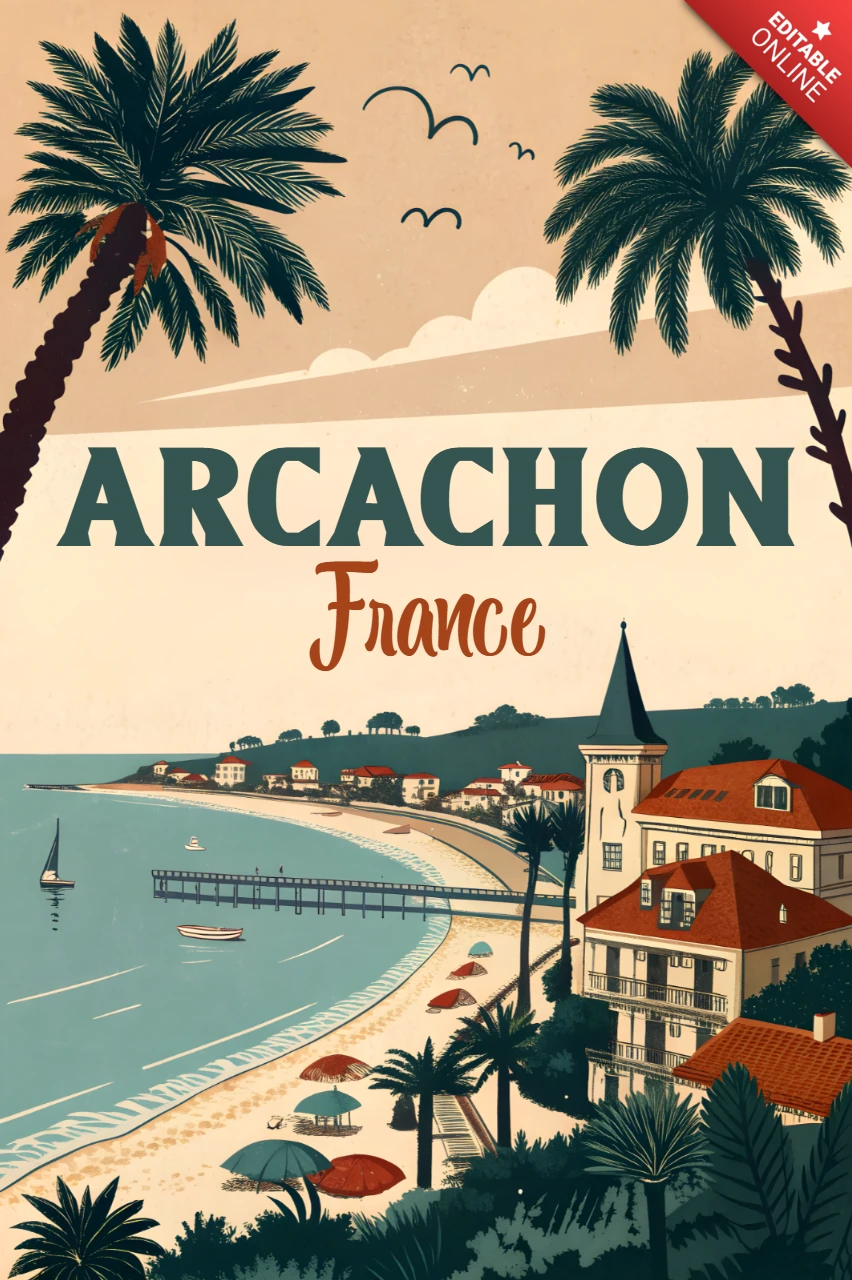 Plantilla de diseño de cartel de viaje retro para Arcachón, Francia, con elementos tropicales.