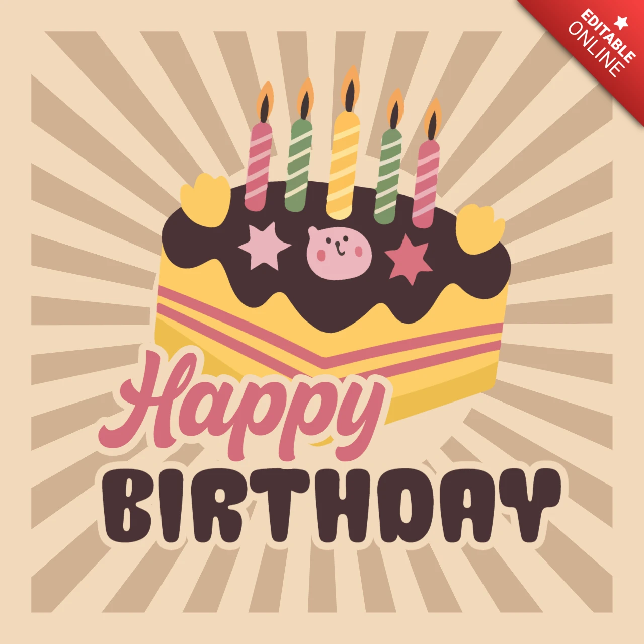 Happy Birthday Cake Design Template with Candles and Retro Illustration