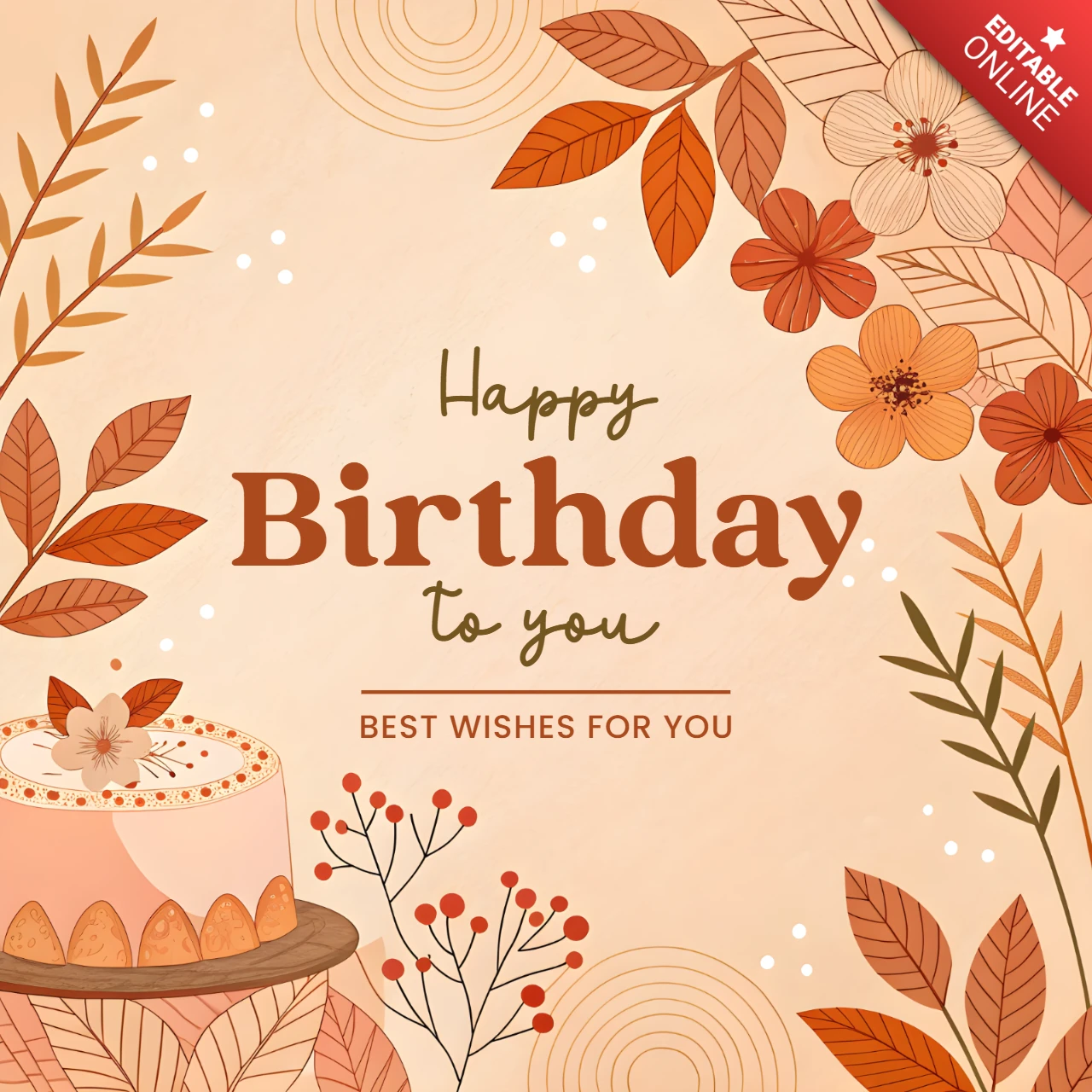 Autumn Floral Birthday Card Template Design - Editable Celebration Greeting