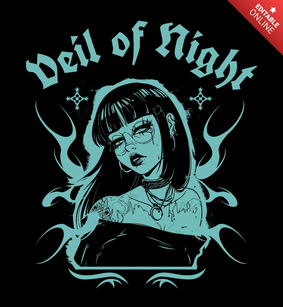 Diseño de camiseta de chica mística de anime con velo de noche y aura de llama gótica.