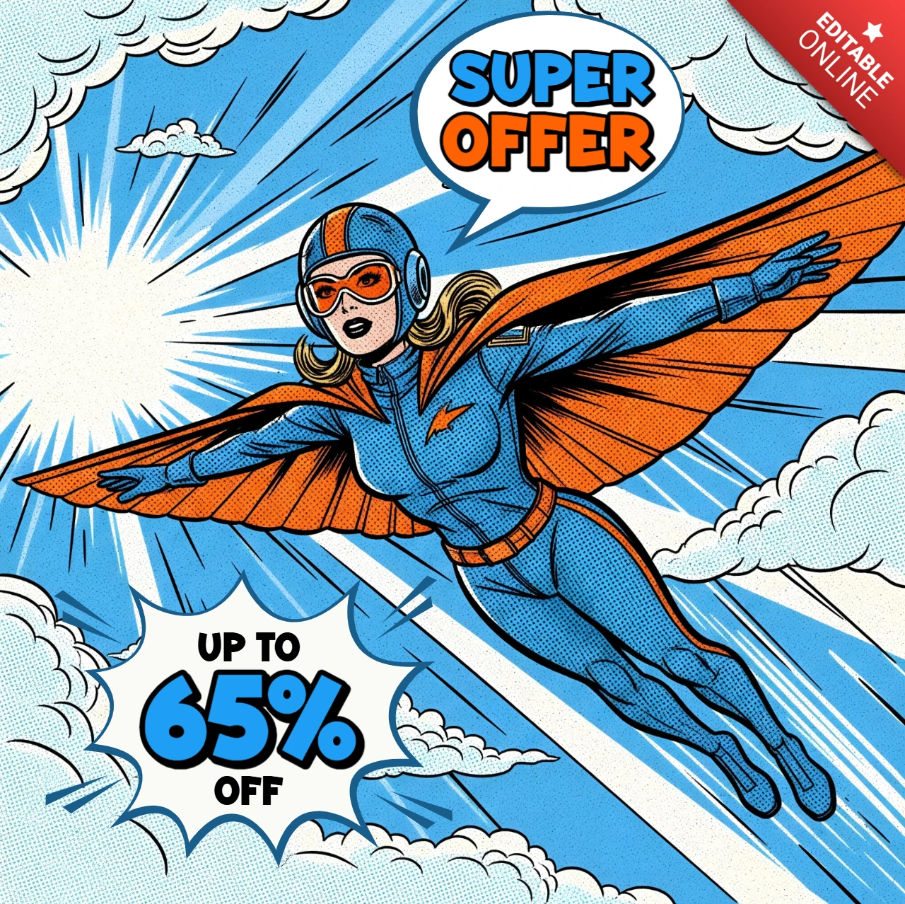Modèle de conception de bannière de super-héros en style bande dessinée avec une héroïne volante et un emblème d'éclair pour des flyers promotionnels.