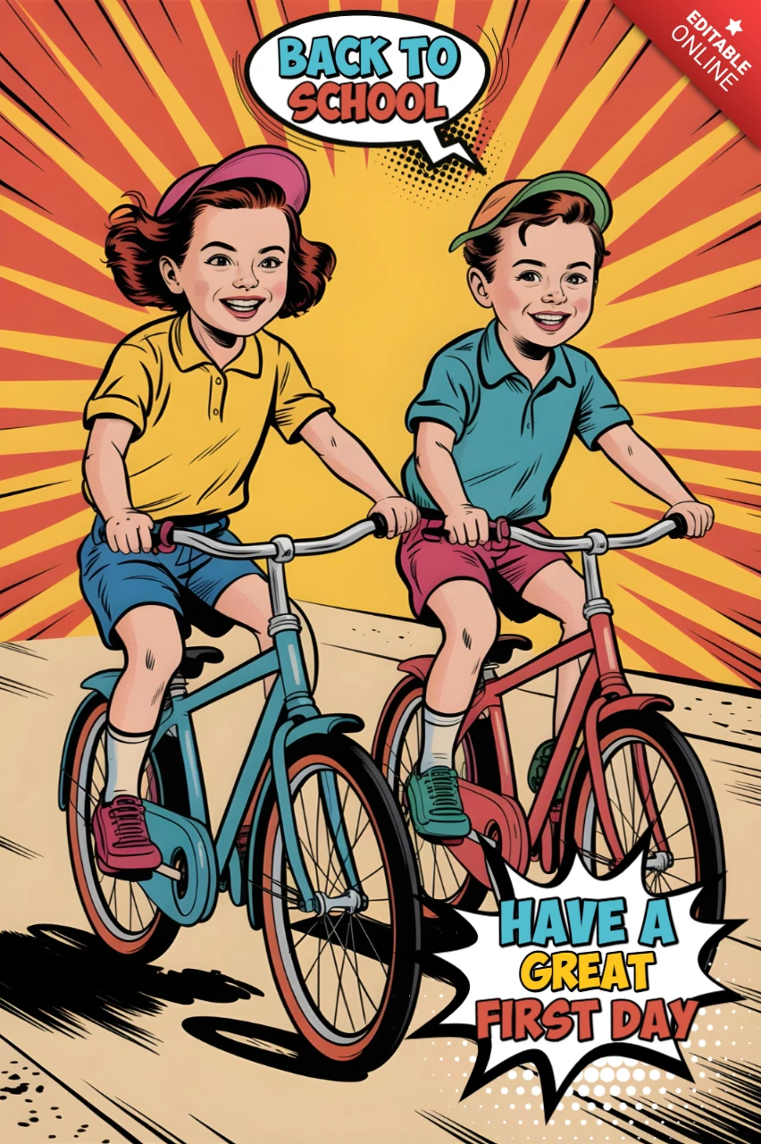 学校に戻る子供たちが自転車に乗って並んでいるコミックバースト背景のポスターデザインテンプレート