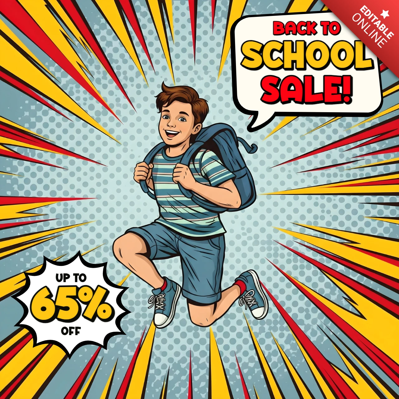 Jumpstart the School Year Vibrant Comic with Student & Discount Burst Design Template for Promotional Flyers