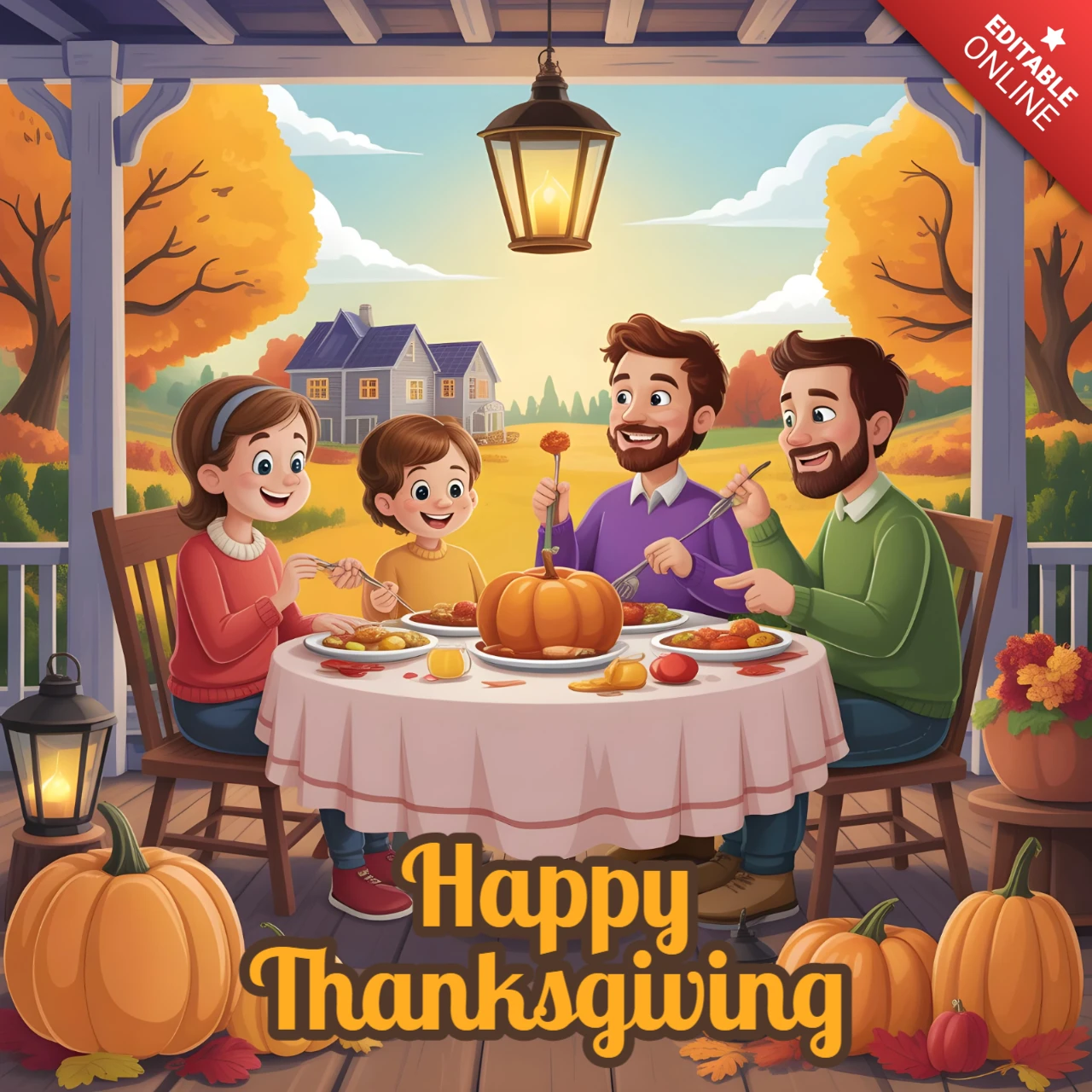 Tarjeta de Acción de Gracias caricatura de familia en festín en el porche con calabazas, pavo y diseño de banner de árboles de otoño.