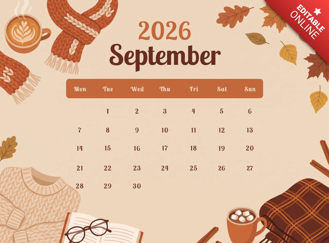 September 2026 calendar page with cozy autumn theme featuring warm coffee mugs knitted scarf fallen leaves and comfortable sweaters in a soft fall color palette design