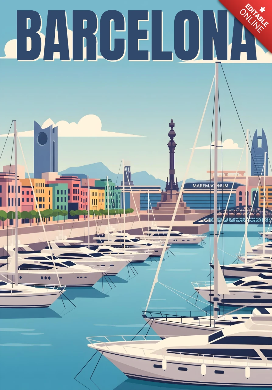 Template de design de pôsteres de viagem com iates brancos na marina de Barcelona, edifícios à beira-mar e monumento a Colombo.