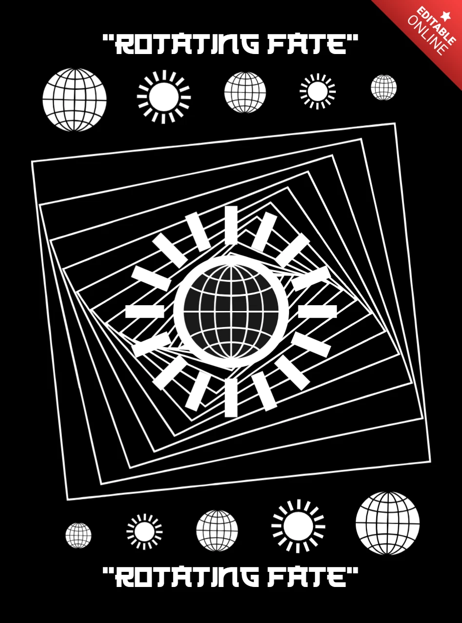 Modèle de design géométrique abstrait pour vêtements mettant en avant des éléments de globe en rotation et de soleil.