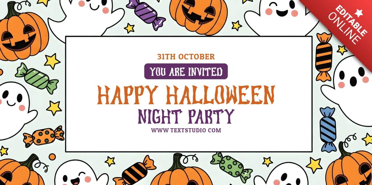 ハロウィンナイトパーティー ライトブルーの背景にゴーストとお菓子のFacebookカバーデザインテンプレート