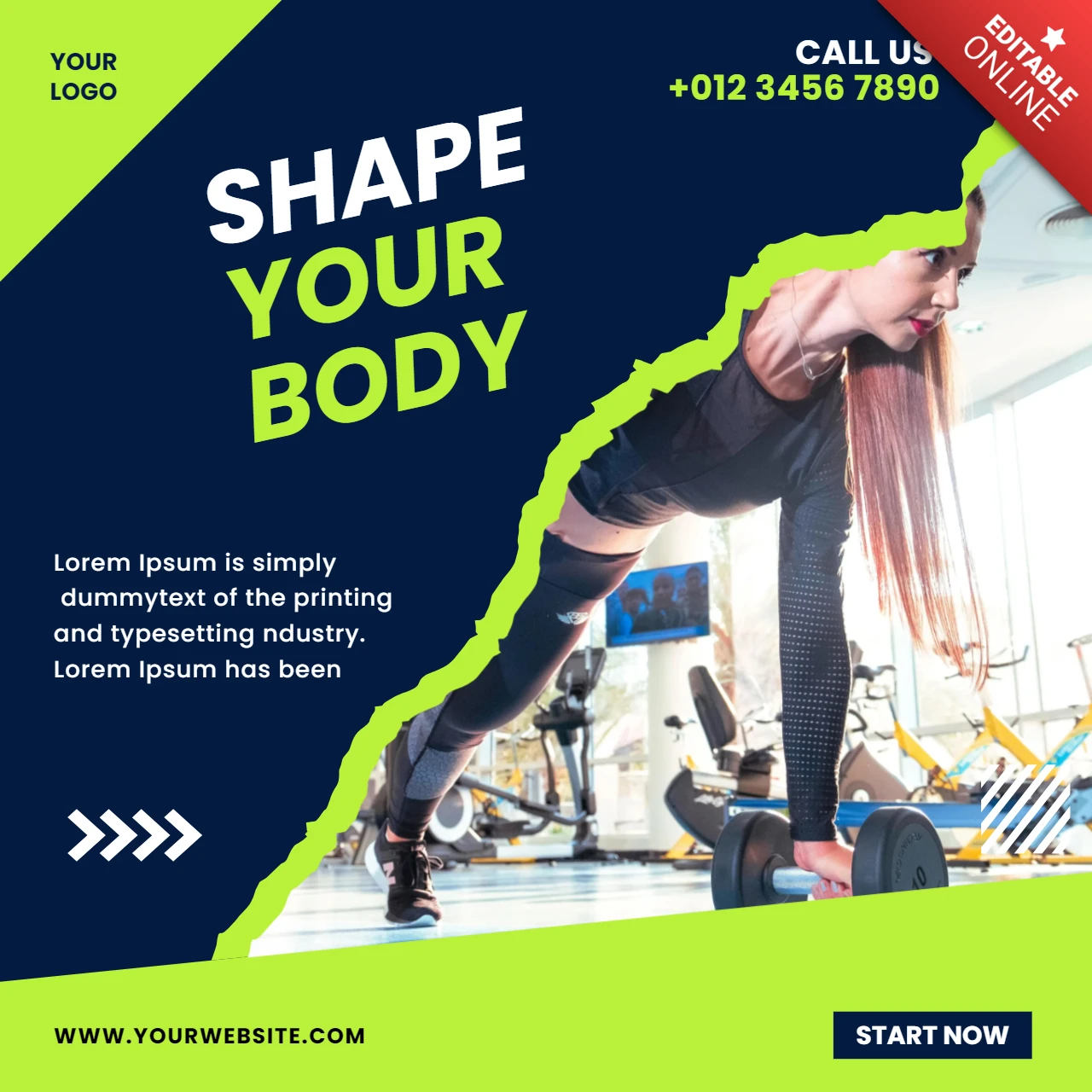 Modèle de conception de publication Instagram promotionnelle pour salle de sport commerciale à gratter et au néon vert