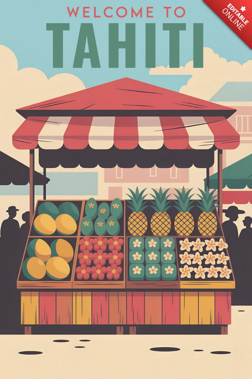 Illustration of a Typical Tropical Fruits Shop in Tahiti for Retro Flat Designs
