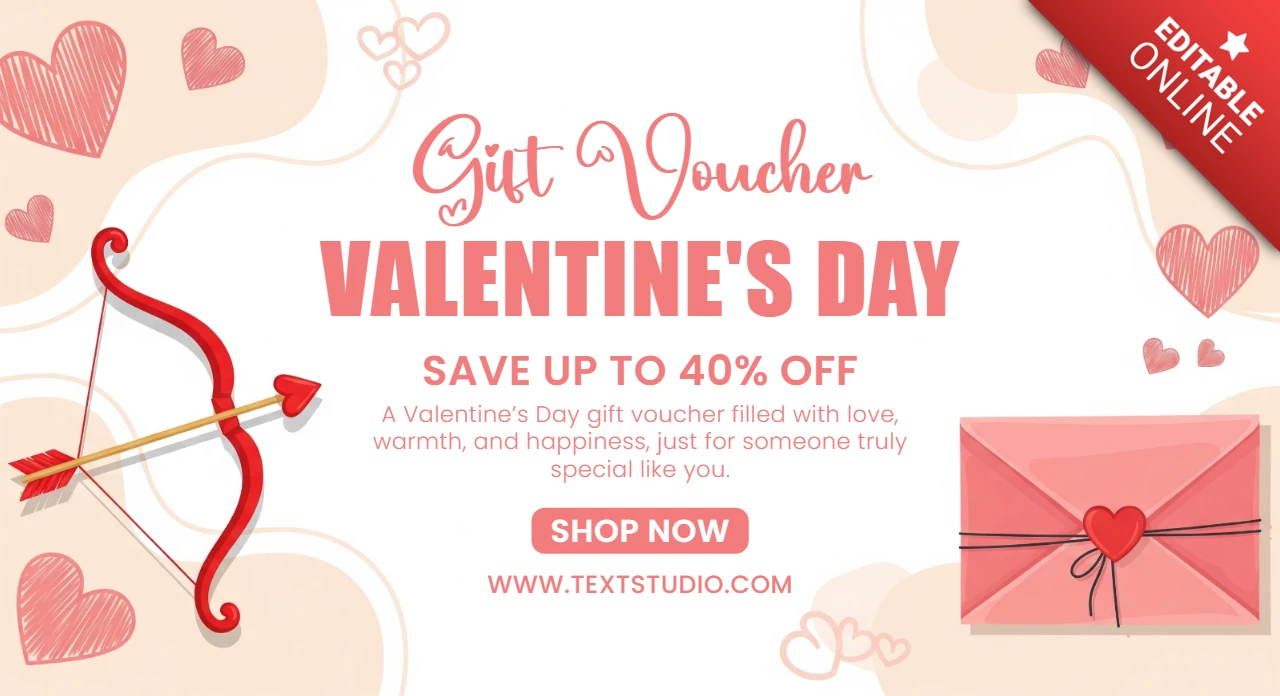 Valentijnsdag voucher poster met decoratieve harten, roze envelop en feestelijke achtergrond voor kortingen