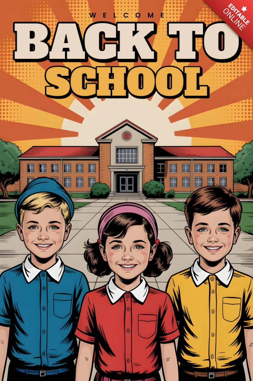 Ritorno a scuola trio di studenti in colori primari che si trovano davanti a un poster design della scuola con torre dell'orologio