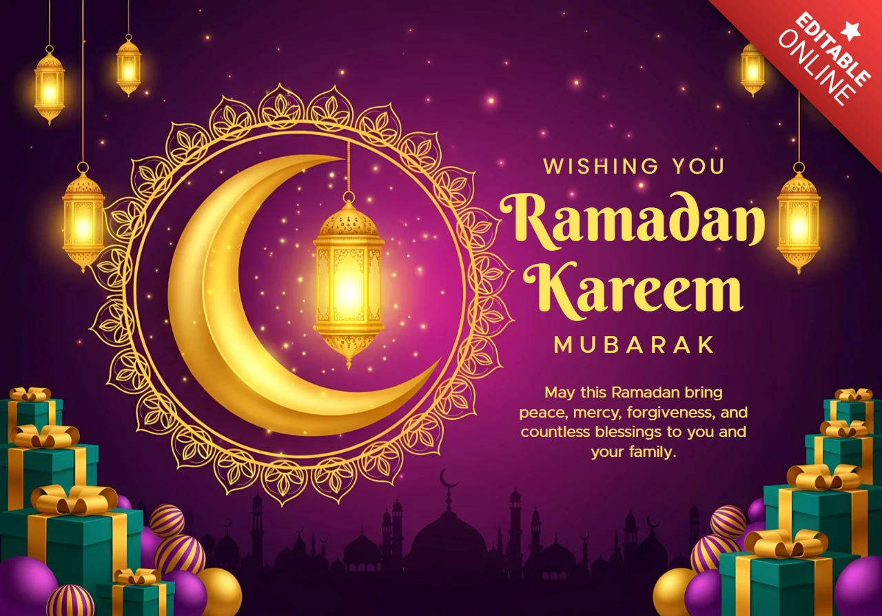 Template de cartão de saudação do Ramadã kareem com lanternas de lua e presentes festivos.