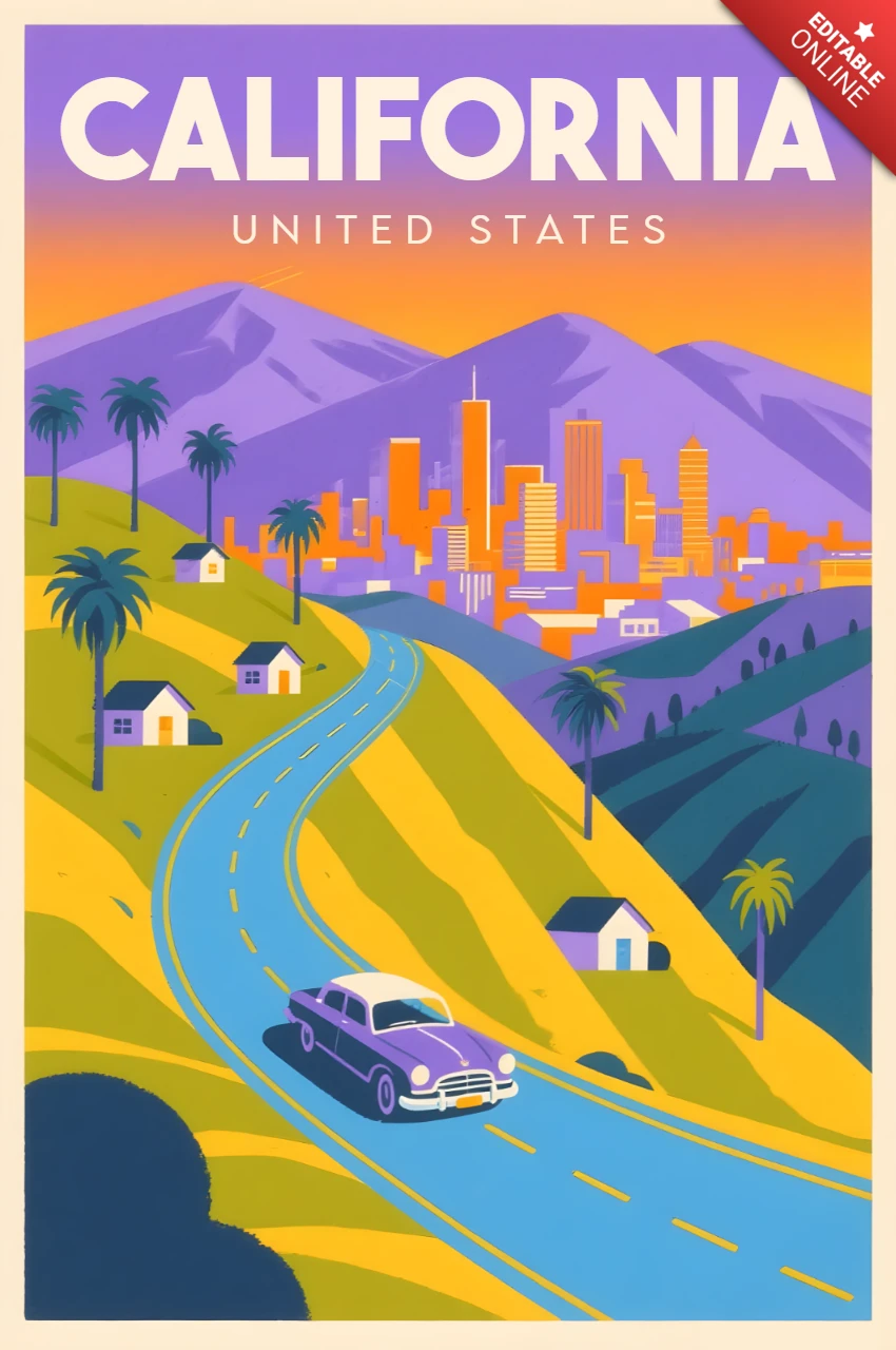 Kalifornisches Vintage-Reiseplakat-Design mit malerischer Straße und Stadtsilhouette