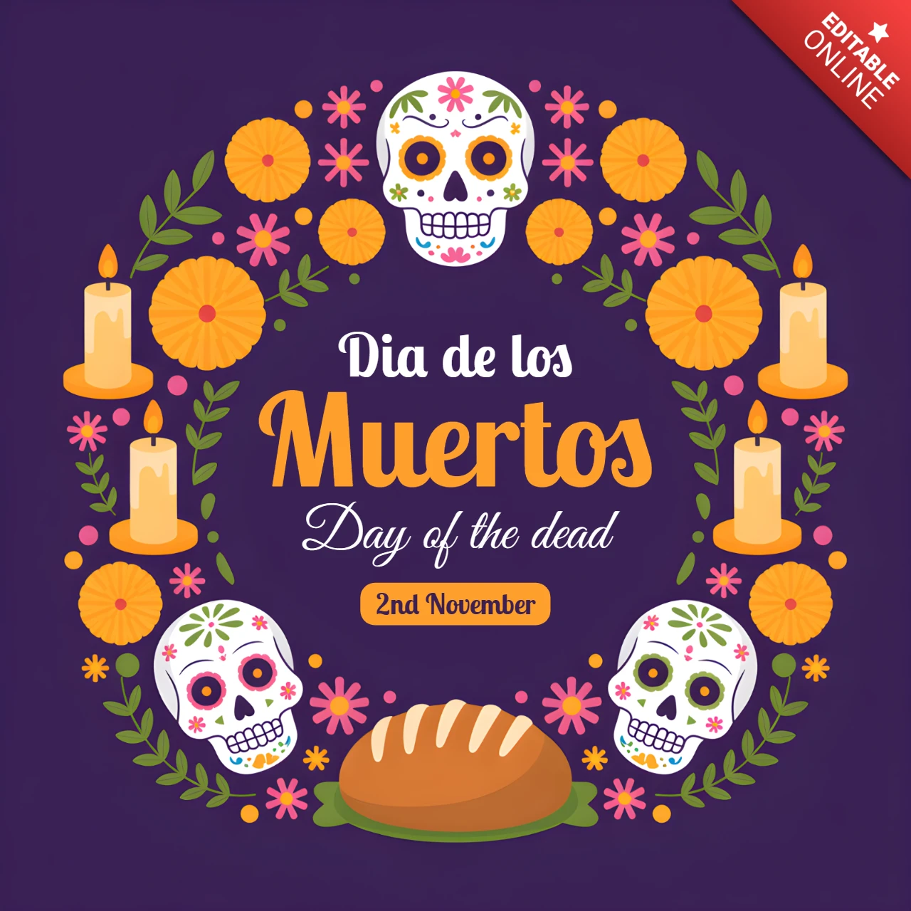 Dia de los Muertos Design Template for Festive Posters with Sugar Skulls and Marigolds