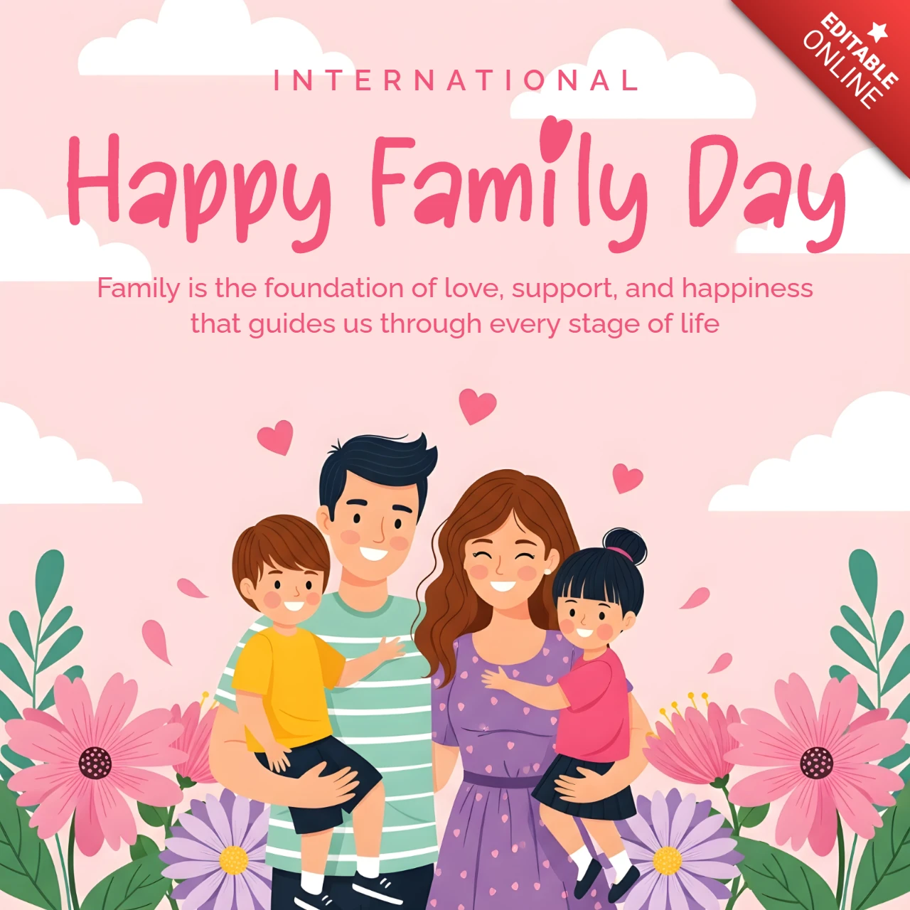 Template de design para o Dia da Família feliz com ilustração colorida de família para cartões de saudação.