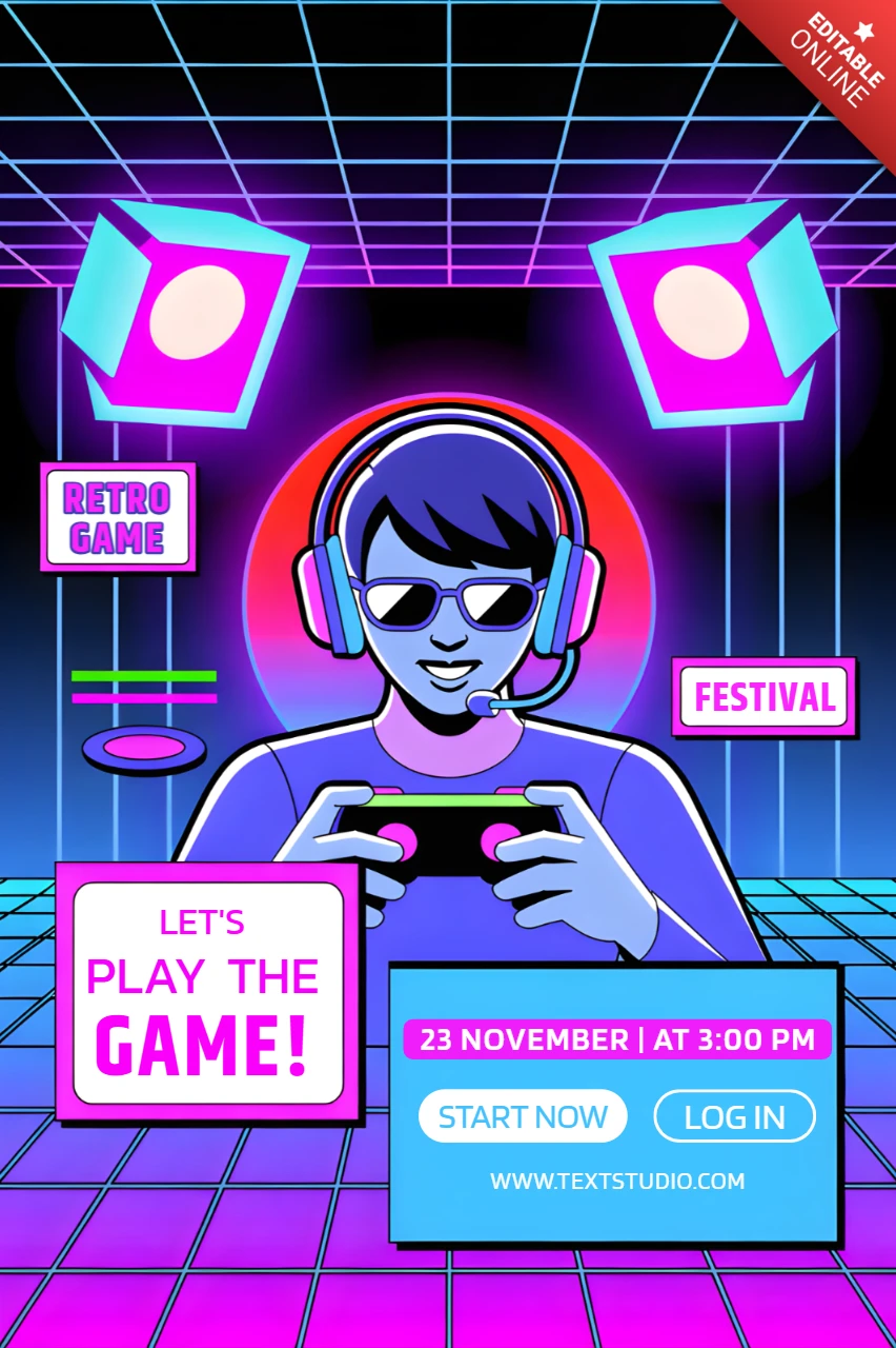 Modèle d'affiche de festival de jeux rétro avec design néon pour la promotion d'événements