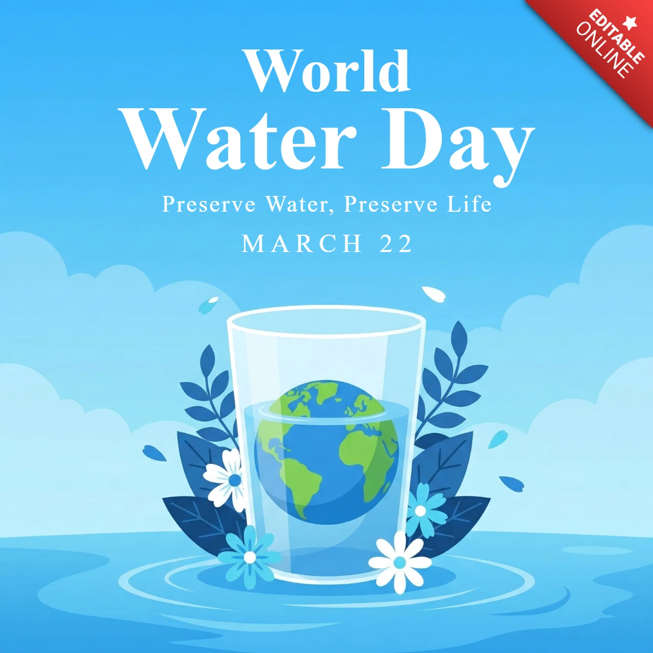 Célébrez la journée mondiale de l'eau le 22 mars 2026 avec une affiche promouvant la conservation de l'eau douce et le thème de la sensibilisation environnementale mondiale.