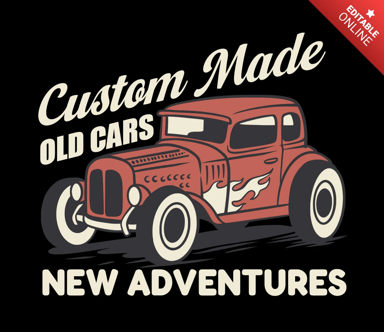 Oude auto's, nieuwe avonturen op maat gemaakte vintage hot rod illustratie ter ere van klassieke ritten t-shirt ontwerpsjabloon