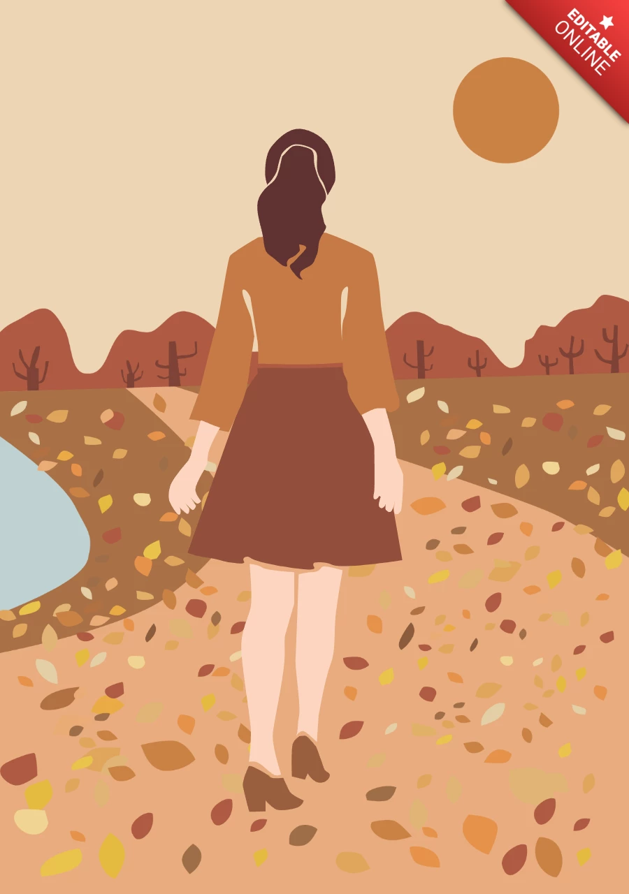 Femme marchant en automne, affiche flat design