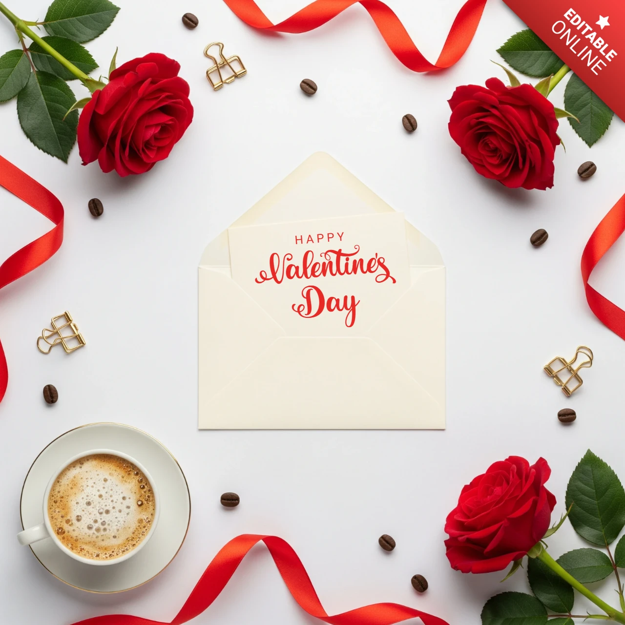 Carte de vœux romantique pour la Saint-Valentin, affiche d'amour avec des grains de café, des roses et des décorations en forme de cœur.