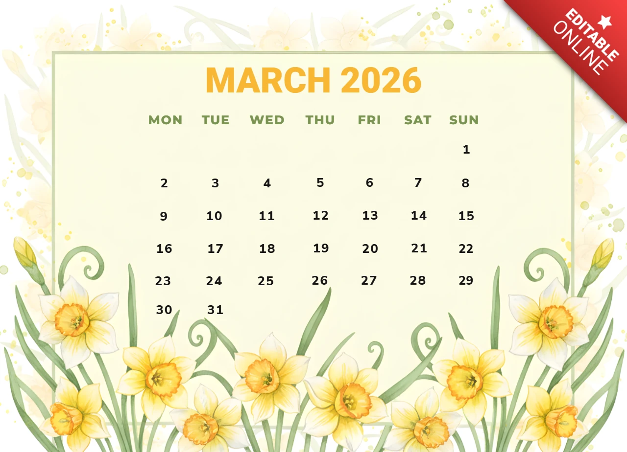 Pôster de calendário de março de 2026 com tema de primavera, com acentos botânicos e cabeçalho laranja bold.