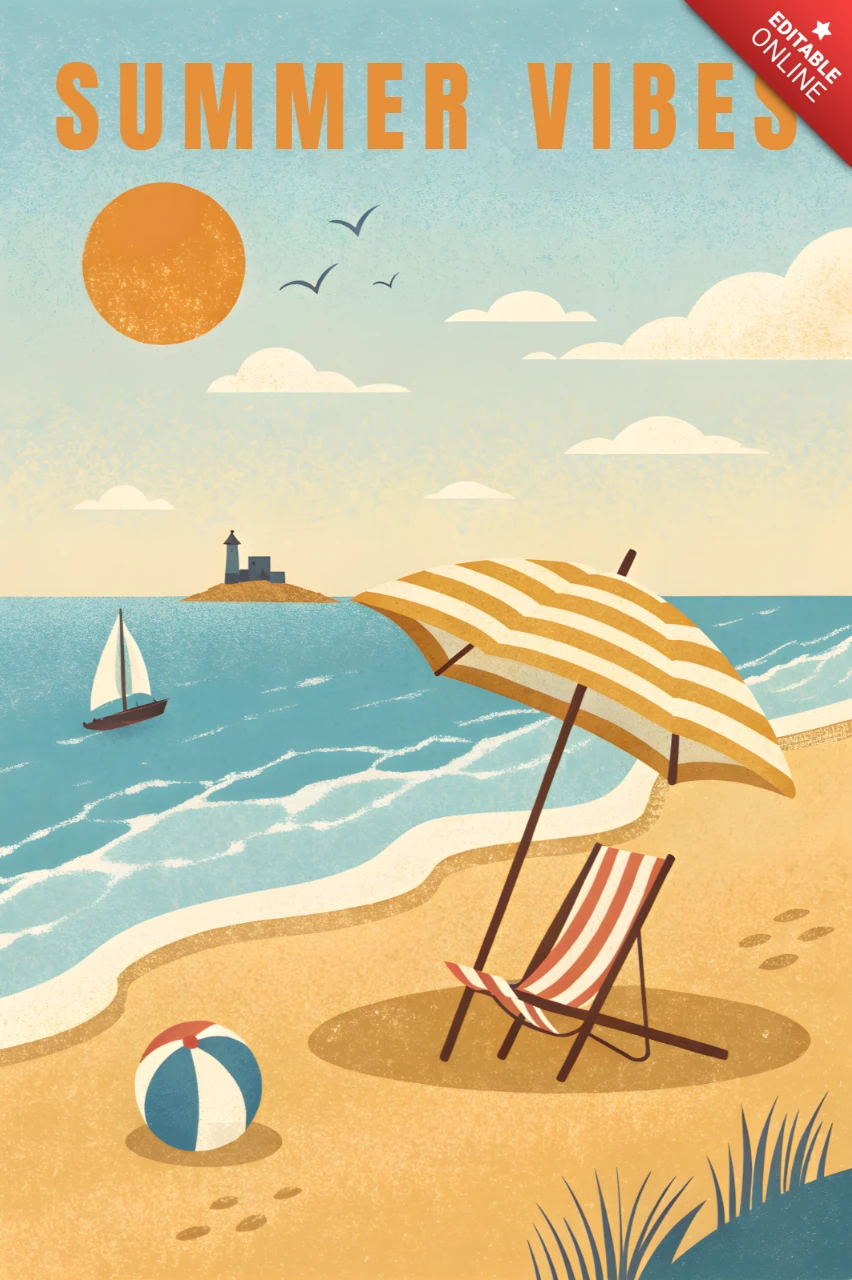 Plantilla de diseño plano retro de playa soleada para cartel imprimible de vibras veraniegas