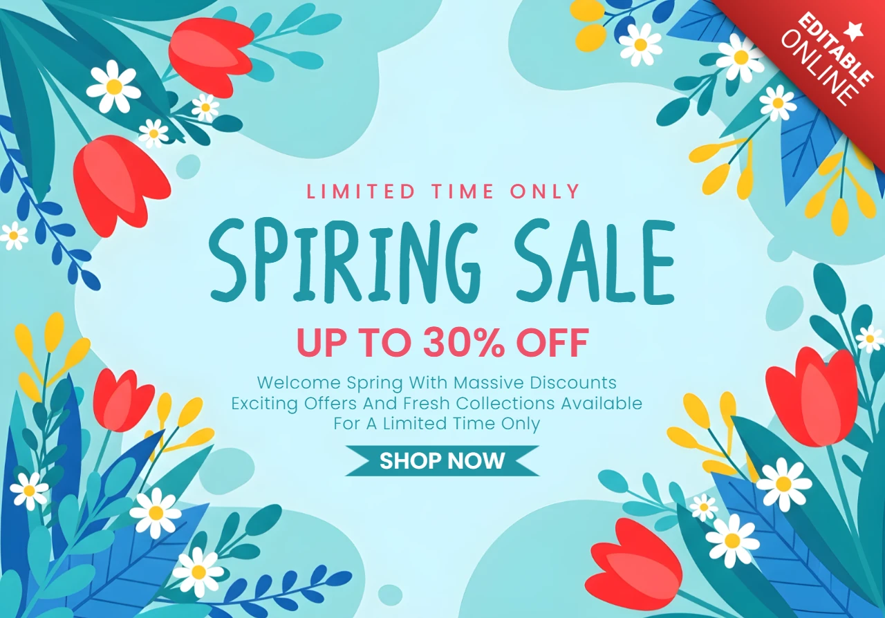 Modelo de banner de venda festiva de primavera com borda floral, fundo azul claro e tipografia de oferta especial