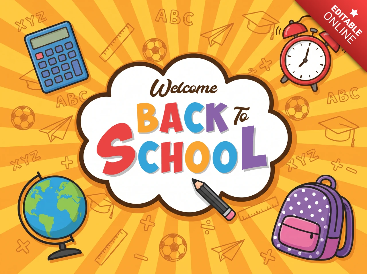 Welcome back to school colorful text with educational supplies like a globe calculator alarm clock and backpack on a yellow background