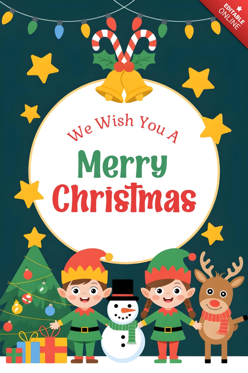 Christmas Greeting Card Elves, Snowman, Reindeer, and Tree with Festive Icons and String Lights Design Template