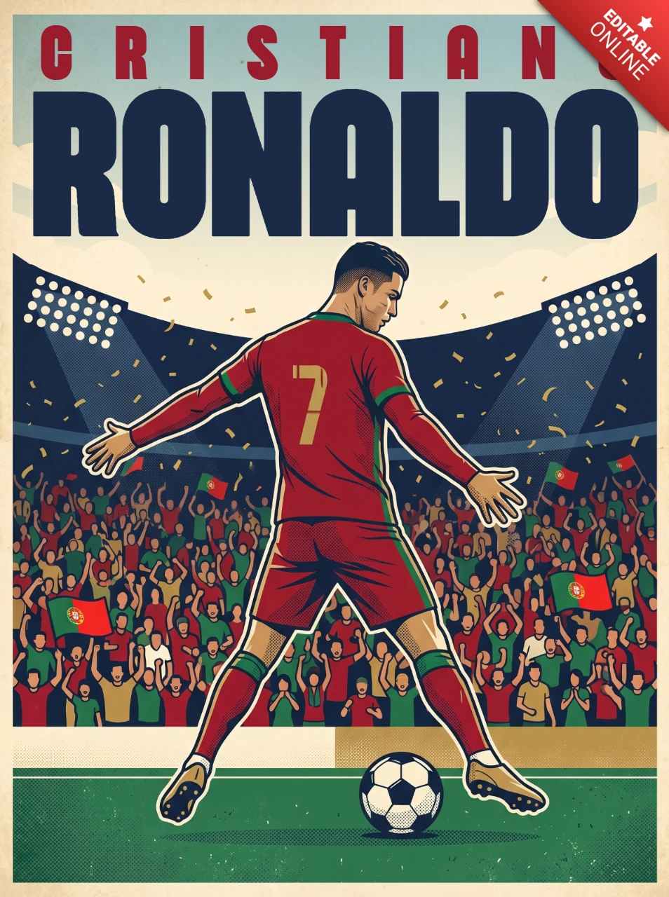 Vintage Retro Cristiano Ronaldo Soccer Poster – Classic Portugal National Team Illustration with Number 7 Jersey, Stadium Fans and Nostalgic Wall Art 2026