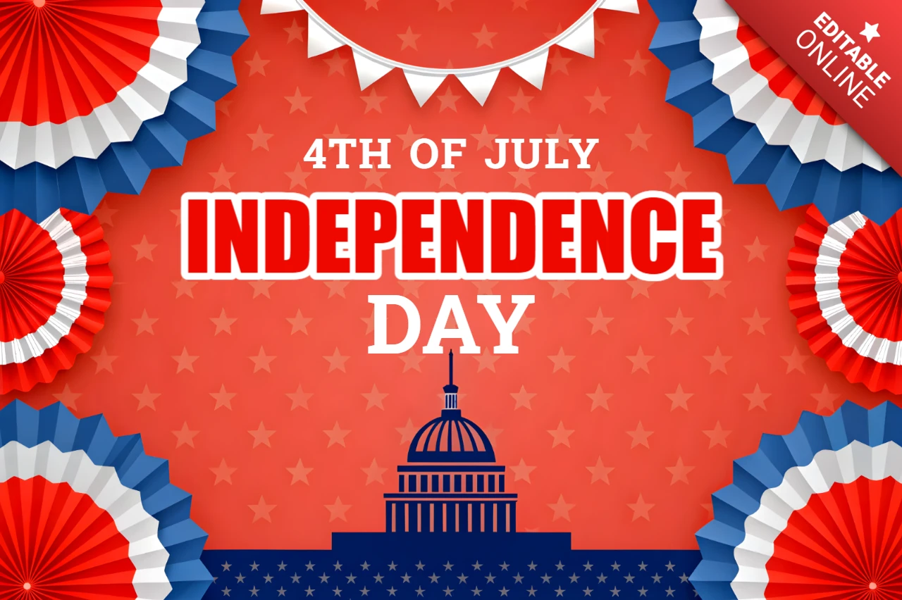 Template de design para celebração do Dia da Independência dos EUA em tons vermelhos com elementos patrióticos.