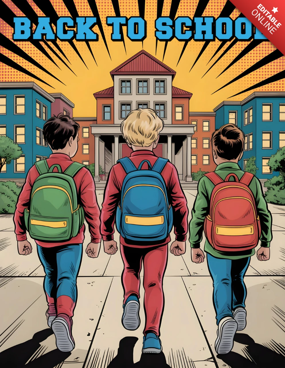 Back to School Students Walking Toward School with Backpacks and Radiant Burst Background Poster Design Template