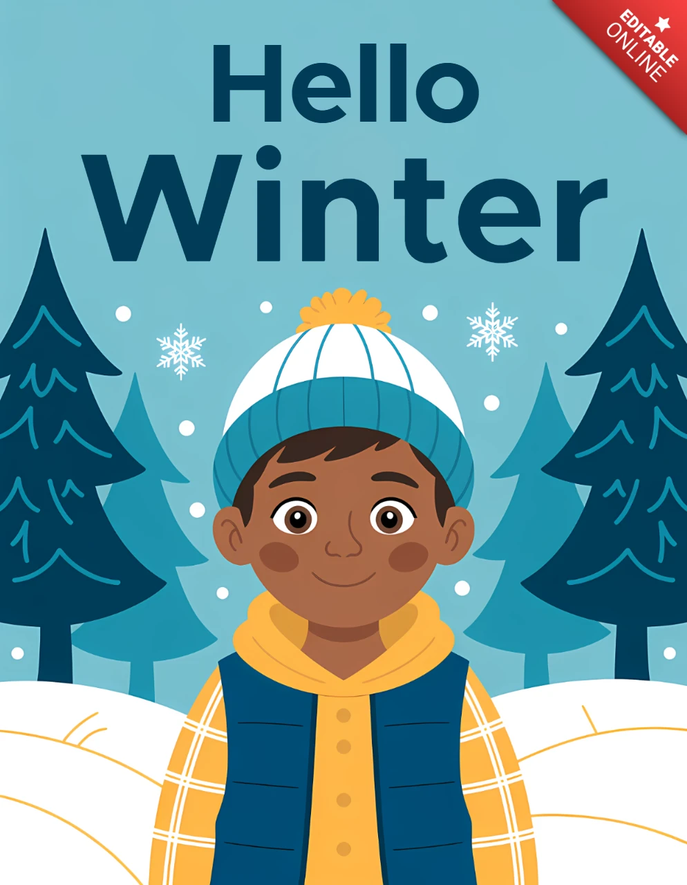 Winterliches Designvorlage mit Junge und schneebedeckten Bäumen für Grußkarte