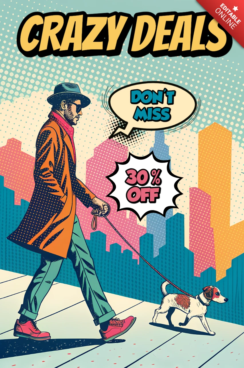 Modèle de design pop art pour flyer de bonnes affaires avec un thème de promenade de chien