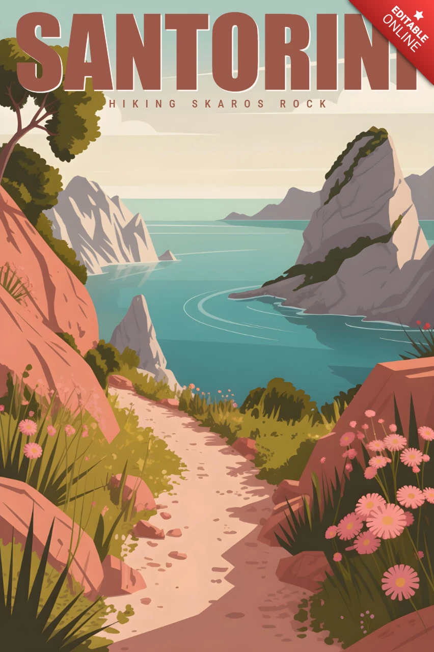 Skaros Rock Hiking Trail with Wildflowers and Coastal View Santorini Travel Posters Design Template