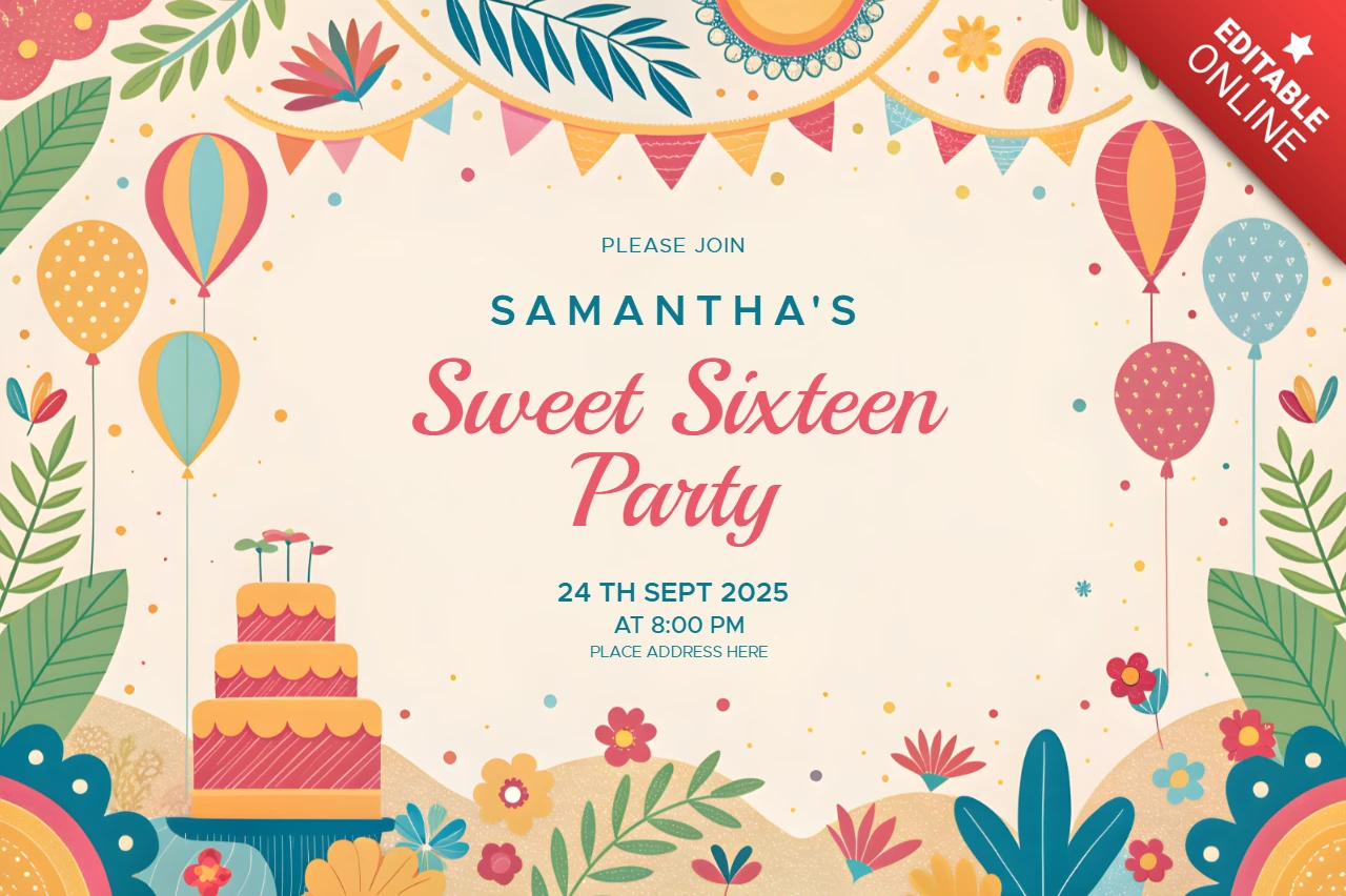 Modèle de design d'invitation pour une fête de sweet sixteen fantaisiste