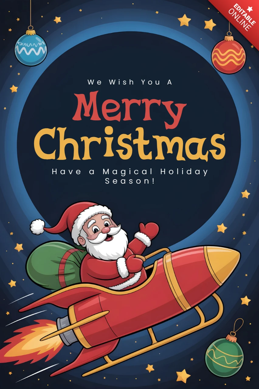 Merry Christmas Poster Santa Claus Riding Rocket Through Starry Night with Ornaments and Gift Sack Design Template