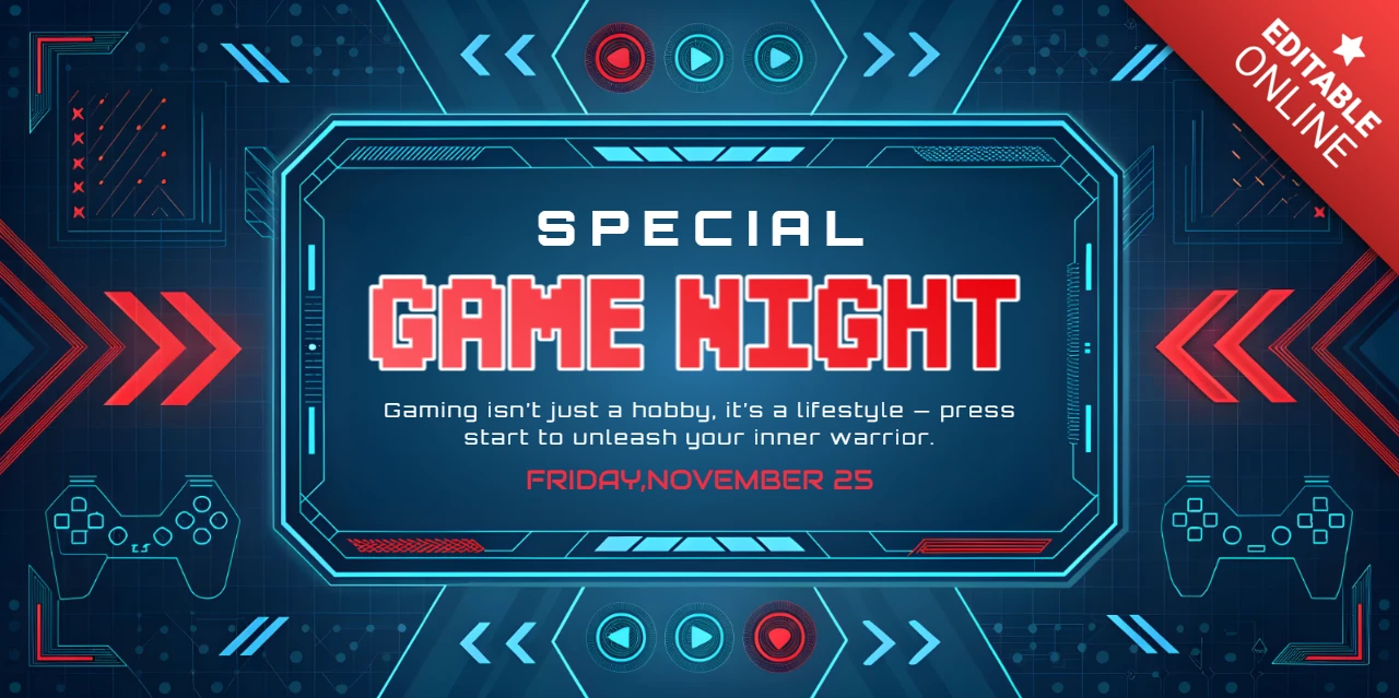 Plantilla de diseño para noche de juegos con estilo retro y gráficos de controladores.