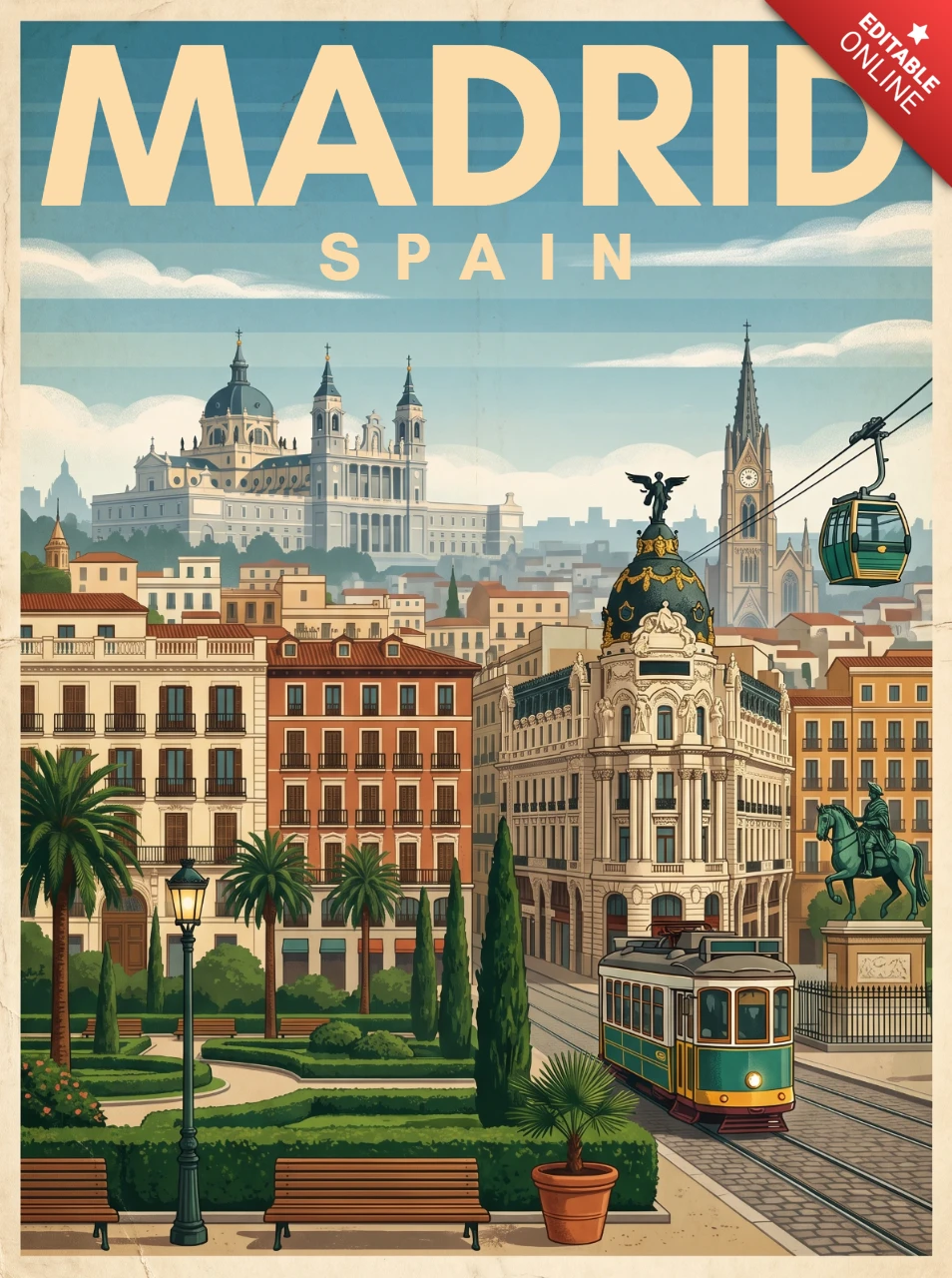 Madrid Retro Vintage Architecture Poster Spain Scenic Cityscape Tram Statue Cable Car Palm Trees European Charm Illustration