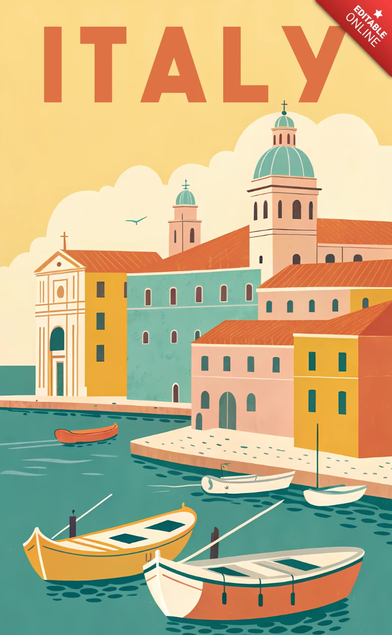 Vintage Italië reisposter ontwerp sjabloon met kleurrijk kustplaatsje en boten