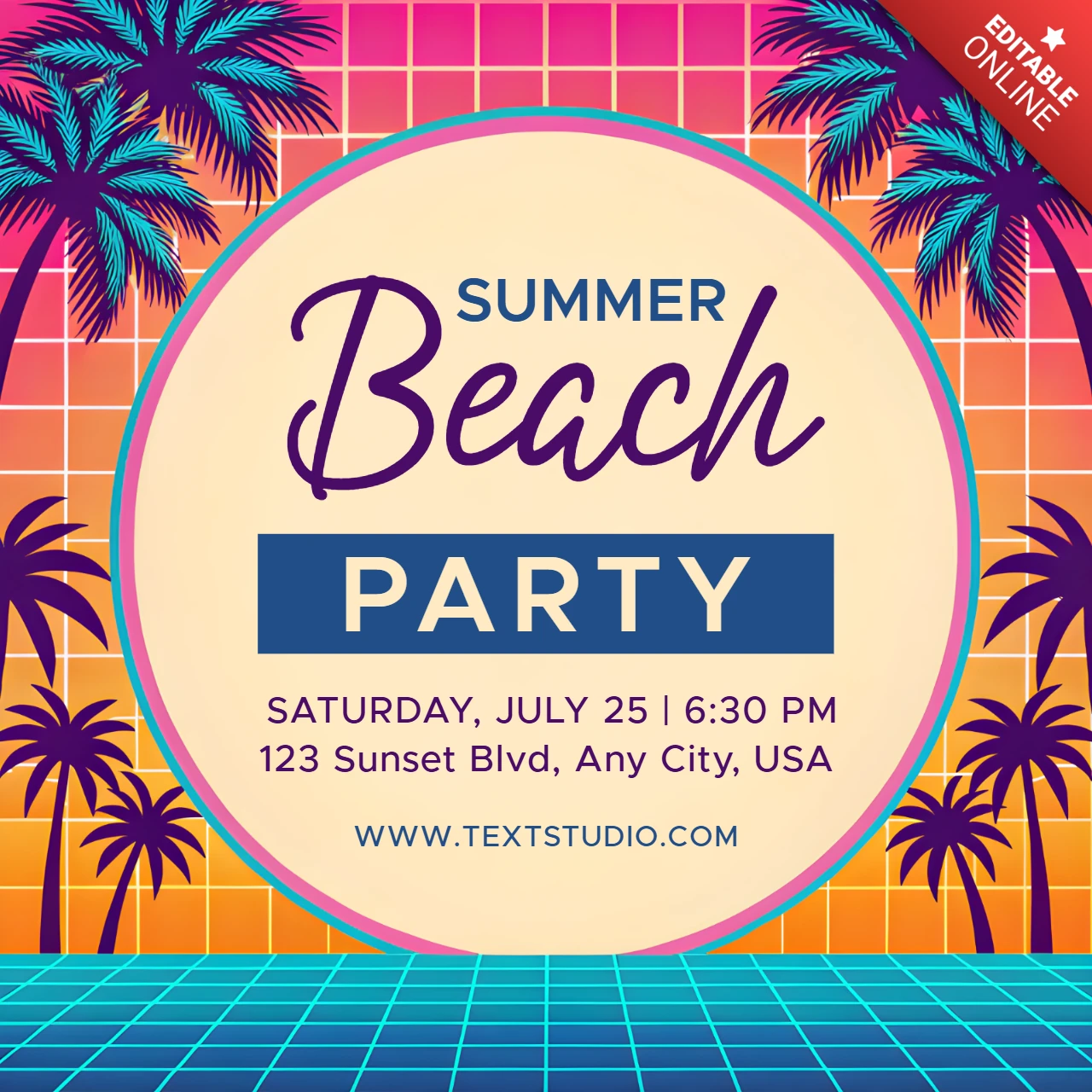Retrowave zomer strandfeest uitnodiging sjabloon met tropisch ontwerp