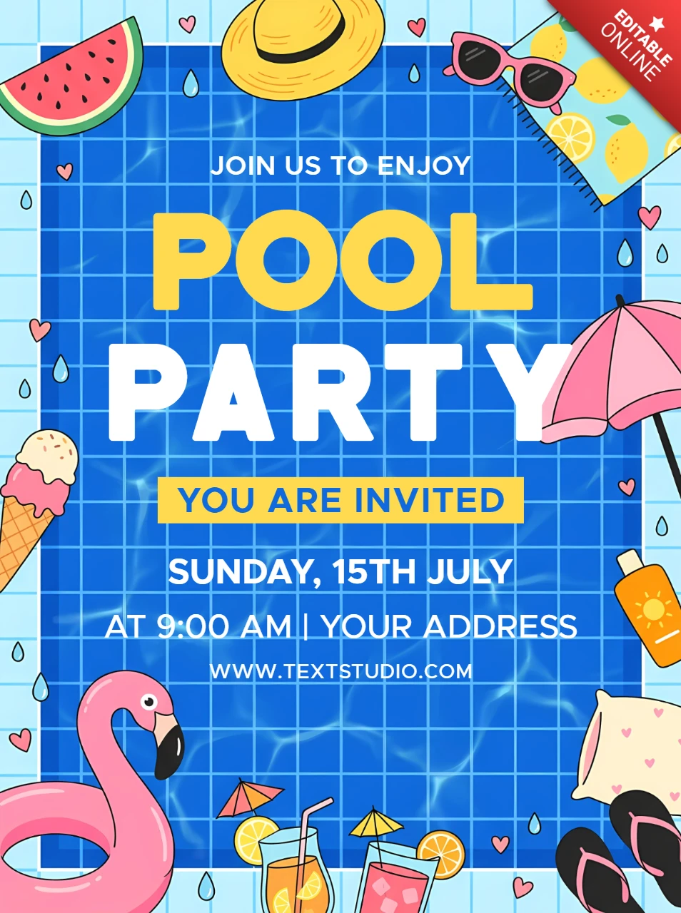 Modello di volantino per invito a festa in piscina estiva con gonfiabile fenicottero, gelato e accessori tropicali da spiaggia