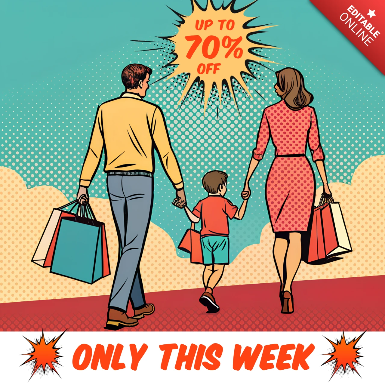 Plantilla de venta de arte pop para promoción de compras familiares