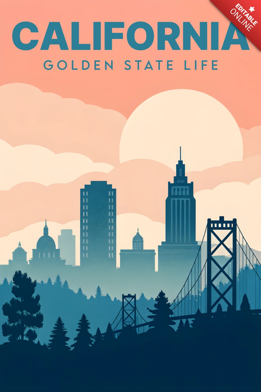 Kalifornische Skyline Vintage-Designvorlage für Poster