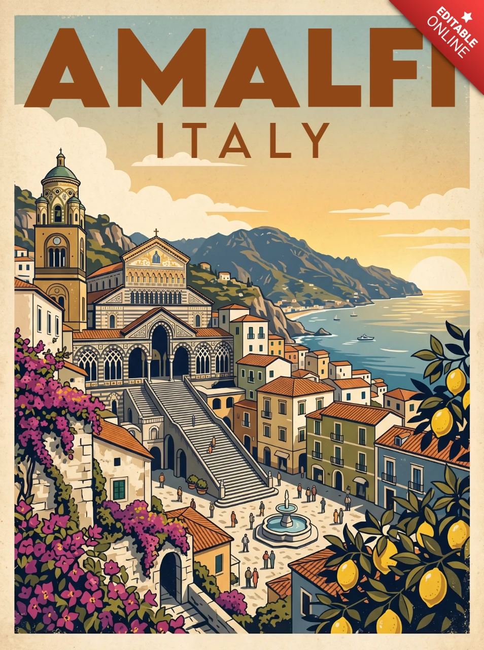 Vintage Retro Amalfi Italy Travel Poster Scenic Coastal Architecture Lemon Trees Cathedral Plaza Seaside Illustration